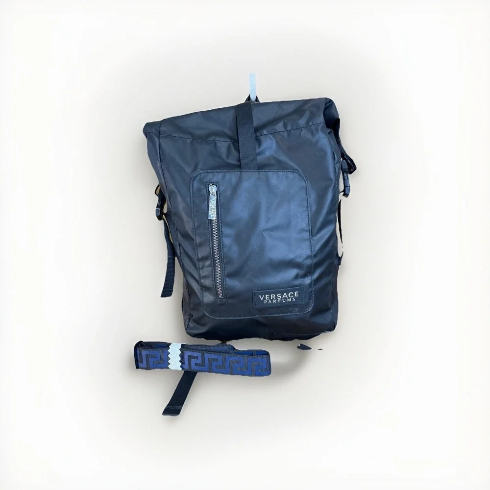 Versace Parfums Black‎ Blue Nylon Roll-Top Backpack Greek Key Straps Promotional